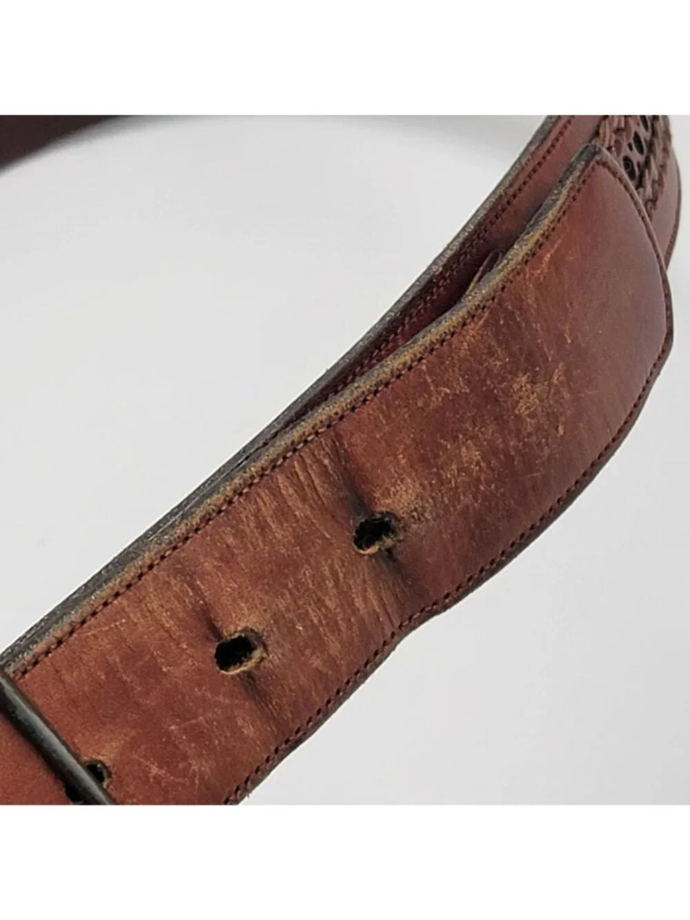 Vintage Brown Leather Belt With Braided & Perforated Details Solid Brass Buckle